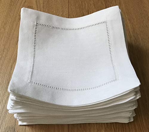 White Linen Cocktail Napkin 6"x6" Set of 50 Linen Cloth Napkin Coasters-Ladder Hemstitch 100% Linen Beverage Party Napkin Coaster Super Value Bulk 50 Pack 6