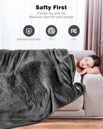 Yokimisu Heated Blanket Throw w/ 2 Wearable Buttons, Soft Flannel & Warm Sherpa Electric Blanket Fast Heating with 9 Heat Levels, 10 Time Settings, Over-Heat Protection, ETL Certified, 50"x60", Grey 6