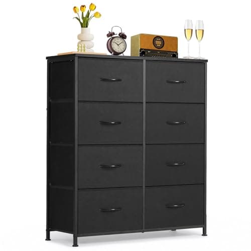 8-Drawer Dresser for Bedroom, Anti-Tip Tall Storage Organizer Chest of Drawers with Wooden Top and Metal Frame Fabric Bins for Closet, Living Room, Hallway, Entryway, Black