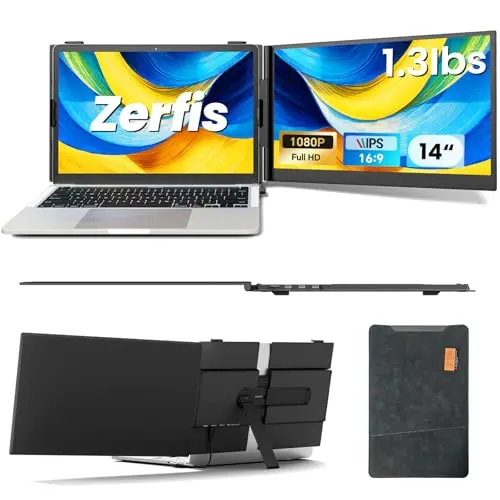 Zerfis Laptop Screen Extender, Ultra-Thin 14" FHD 1080P Portable Monitor for Laptop, 1.3lbs Lightweight Dual Monitor Extender Plug & Play for 13"-17" Laptops, Compatible with Wins/Mac/Android/Chrome