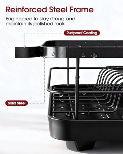 Sakugi Stainless Steel Dish Drying Rack for Kitchen Counter, Sink Organization and Storage Essentials with Silverware & Utensil Holder, Home and Apartment Decor, 12''W x 15.5''L, Black 6