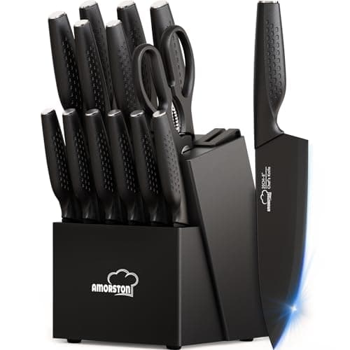 Knife Set, 15 Pieces Kitchen Knife Set with Built in Knife Sharpener Block, Dishwasher Safe, German Stainless Steel Knife Block Set, Elegant Black