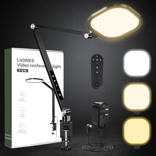 LitONES Video Conference Lighting for Computer, Dimmable Light for Video Recording, Meeting, Laptop & Webcam, 15W Ring Light for Desk with C- Clamp, Swing Arm, Remote, Memory & Timer CRI >95 9