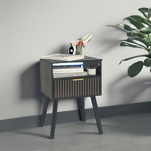 MaxSmeo Black Nightstand with Drawer, Mid Century Modern Bedside Table with Open Shelf Storage, End Table with Solid Wood Legs, Black 5