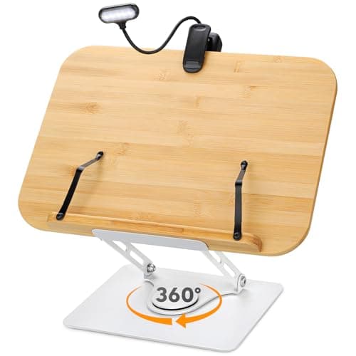 Book Stand for Reading Large Book Holder with 360° Rotating Base, 15.4"x11" Cookbook Stand Desktop Holder with Book Light, Foldable Desktop Stand for Textbook, Recipe, Laptop, Sheet Music