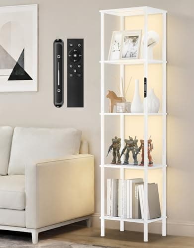 OUTONLIFE 5 Tier Tall Display Shelves with LED Lights, Touch & Remote Control, Dimmable Display Cabinet, Open Bookshelf with 3 Color Temperature, Timer for Living Room, Bedroom, Home Decor(White)