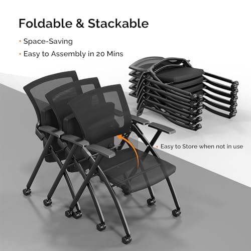 Eikyutora 1 Pack Modern Black Office Guest Reception Chairs, Ergonomic Foldable & Stackable Mesh Desk Chairs with Wheels, for Home, Office, Conference Rooms 6