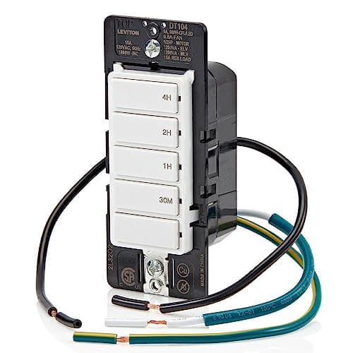 Leviton Countdown Timer Switch for household lights, heaters and exhaust fans, 30 min, 1-2-4 hour, No Neutral Wire Required, Single Pole, 15A, 1/2 HP/9.8A Fan/Motor, DT104-1LW, White 11