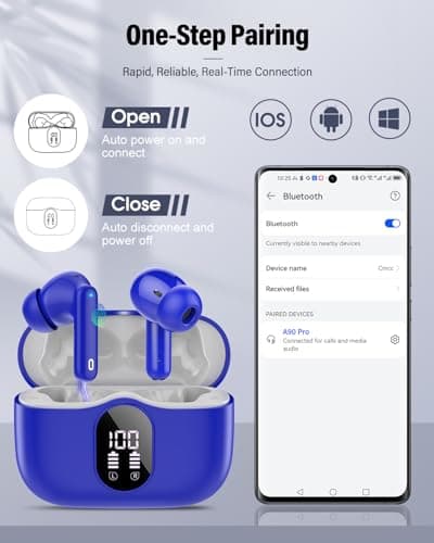 Wireless Earbuds, Bluetooth 5.4 Headphones Bass Stereo, Ear Buds with Noise Cancelling Mic, LED Display in Ear Earphones Clear Calls, IP7 Waterproof Bluetooth Earbuds for Laptop/Phones/Sports, Blue 5