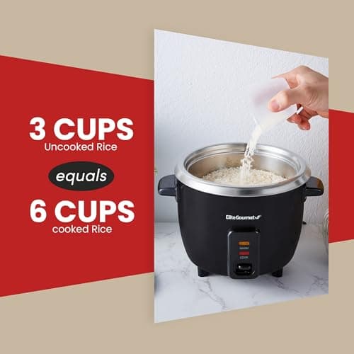 Elite Gourmet ERC003BX Electric Rice Cooker with Automatic Keep Warm Makes Soups, Stews, Grains, Hot Cereals, 6 Cups Cooked (3 Cups Uncooked), Black 6