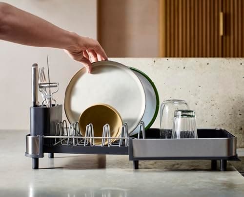Joseph Joseph Extend Slim Steel Expandable Dish Drying Rack with Removable Cutlery Holder and Swivel Draining Spout, Compact Design, Grey 6