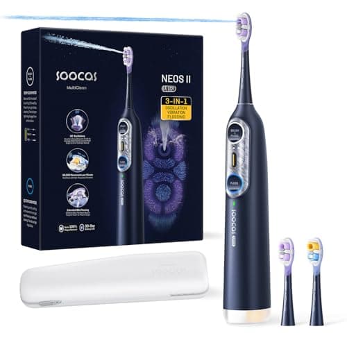 Soocas NEOS II Ultra – Electric Toothbrush with Water Flosser Combo, 3-in-1: Flosses, Vibrates and Oscillates, Flossing Toothbrush for Adults, Cordless Water Flosser for Travel, Midnight Blue