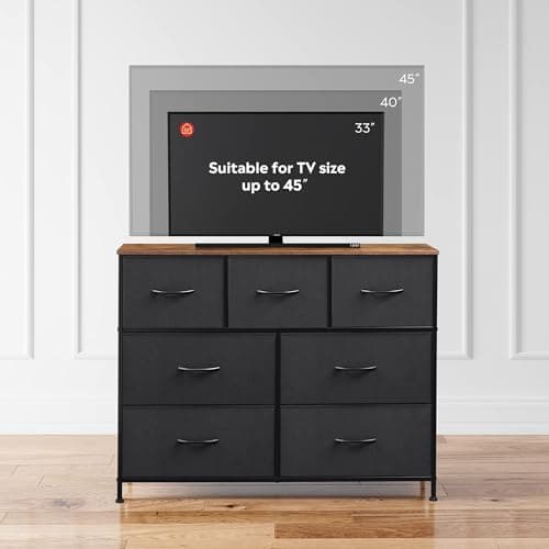 WLIVE 7 Drawer Dresser TV Stand, Entertainment Center, Media Console Table with Metal Frame and Wood Top for TV up to 45 inch, Chest of Drawers for Bedroom, Living Room, Black and Rustic Brown 6