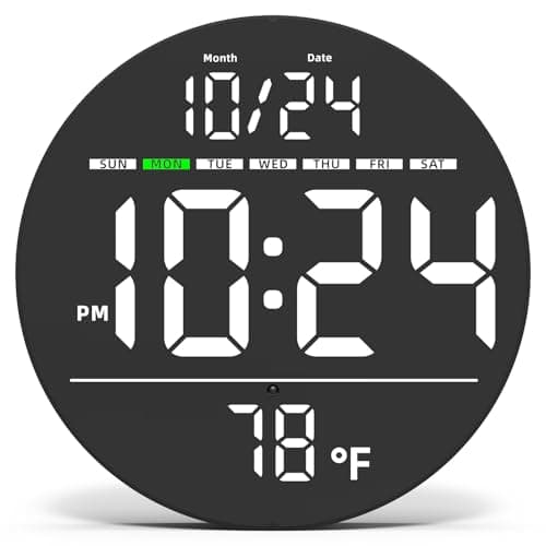 Digital Wall Clock with Large LED Display, Date, Temperature, Auto-Brightness | Small [PLUG-IN] Clock | Modern Electric Wall Clock for Bedroom, Classroom, Living Room, Home, Office, Farmhouse – White