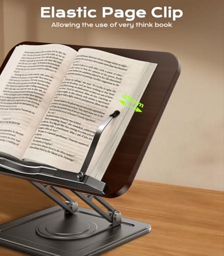 Book Stand for Reading, Adjustable Book Holder with 360°Rotating Bases, Ergonomic Cookbook Stand Recipe Book Holder with Elastic Page Clips for Magazines, Tablets, Laptops,Black 6