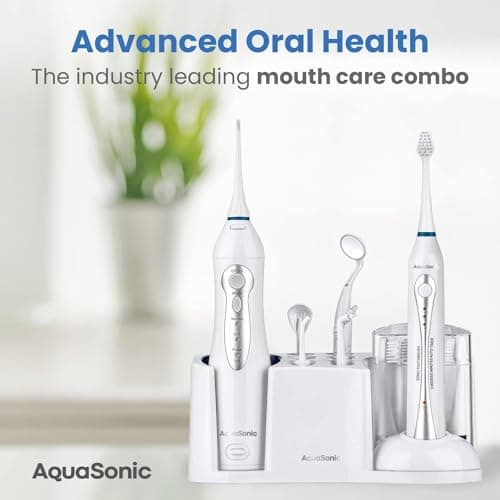 AquaSonic Home Dental Center Rechargeable Power Toothbrush & Smart Water Flosser - Complete Family Oral Care System - 10 Attachments and Tips Included - Various Modes & Timers (White) 7