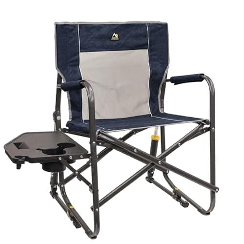 GCI OUTDOOR Freestyle Rocker with Side Table Camping Chair | Portable Folding Rocking Chair with Solid, Durable Armrests, Drink Holder & Comfortable Backrest — Heathered Indigo