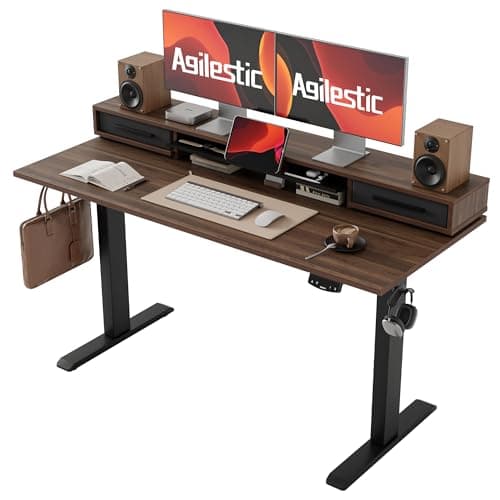 Agilestic 55 Inch Electric Standing Desk with Drawers, Adjustable Desk with Storage Shelf, Stand Up Home Office Computer Table, Splice Board, Dark Walnut