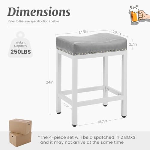 DUMOS Saddle Bar Stools Set of 4, 24 Inch Counter Height Stools with Curved PU Leather Surface, 3.7" Thick Upholstery Bar Height Stools with Footrest for Kitchen Island, Dining, Cafe, Gray 3