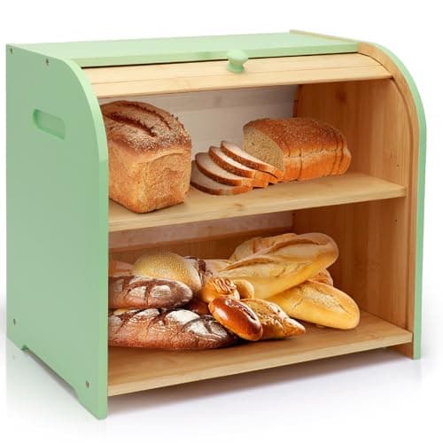 Thalomely Bread Box for Kitchen Countertop, Double Layer Bamboo Bread Storage Container for Homemade Bread, Roll Top Bread Box with 3 Adjustable Height for Kitchen Counter, Cyan Breadbox Organizer