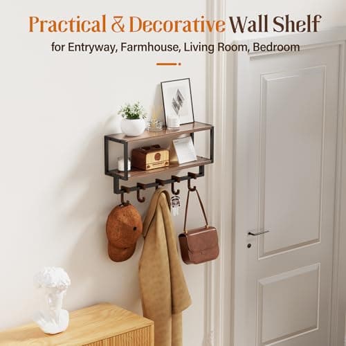 Orapoke Wall Shelf with Hooks, 2 Tier Coat Rack Wall Mount with Shelf for Entryway Farmhouse Living Room, 5 Wooden Decorative Wall Hooks for Hanging Coat Jackets Hats Towel Key (16.5") 6