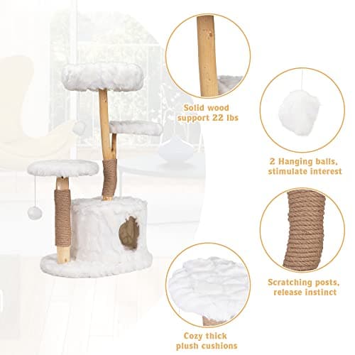 COZIVVOVV Cloud Cat Tree Aesthetic, Natural Wood Branch Cat Tree Tower with Large Condo, Soft Perches, Kitten Scratching Posts, Cat-Approved Modern Luxury Cat Tower, White 6