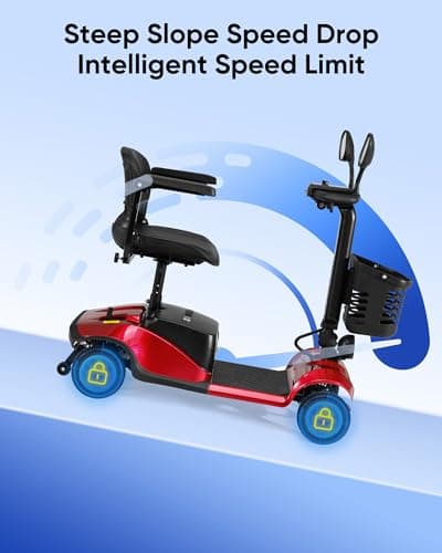 Compact 4 Wheel Mobility Scooter with Display, Foldable Electric Scooter for Seniors and Adults, Heavy Duty Travel Model with Lights, Basket, and Long-Lasting Extended Battery (Red) 5