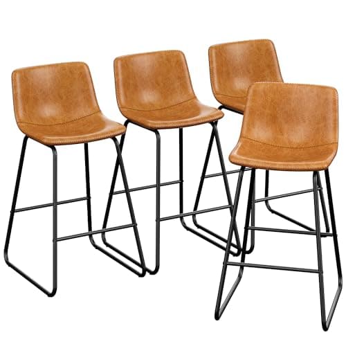 REONEY Bar Stools Set of 4, PU Leather Counter Height Bar Stools, 26" Modern Barstools with Metal Legs and Footrest, Urban Armless Dining Chairs with Backrest for Kitchen Island (Brown)