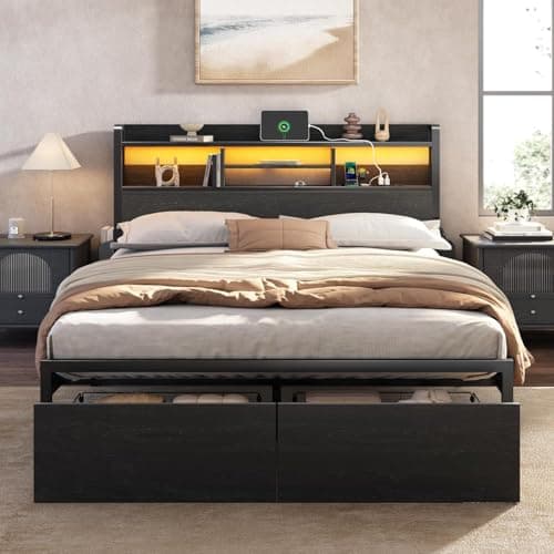Furnulem Full Size Bed Frame with Wood Headboard, Metal Platform Bed Frame Full Size with 2 Storage Drawers and Shelf, LED Lights and Charging Station, No Box Spring Needed, Noise Free, Black