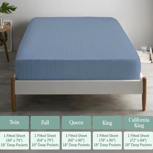 Feather & Stitch 1 Piece Fitted Sheet Queen Size, 100% Cotton Damask Sateen Weave, Striped Breathable, Stretchable Elastic Sheet for Mattress 18 inch Deep Pocket, 500TC Premium Ultra Soft - Blue 6