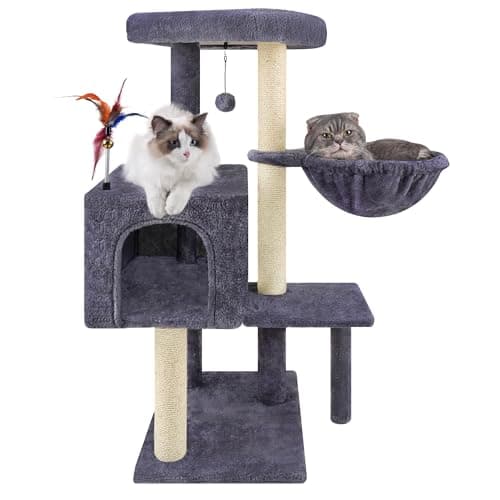 AIWIKIDE 35.4'' Multifunction Cat Tree with Cozy Hammock & Hanging Ball, Cat Tower with Activity Cat Condo & Jute-Covered Scratching Posts, Grey