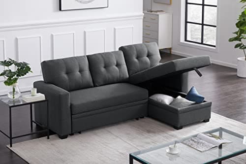 Devion Furniture L-Shape Reversible Linen Fabric Sleeper Sectional Sofa with Storage Chaise, Dark Gray Corner Couch with Arms for Living Room, Home Furniture, Apartment, Dorm 7