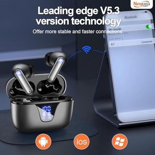 Nequga Wireless Earbuds Bluetooth Headphones, 50H Playtime Ear Buds with Mic, LED Digital Display Charging Case, IPX7 Waterproof, Deep Bass Stereo, in-Ear Earphone for iPhone Andriod Phone 6