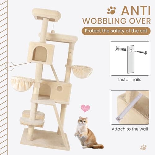 SHA CERLIN 65in Larger Cat Tree Tower Condo for Indoor Kitties/Multi-Level Furniture Activity Center with Wide Base/Cozy Plush Cat Perches/Baskets/Sisal Scratching Posts and Hammock/Beige 7