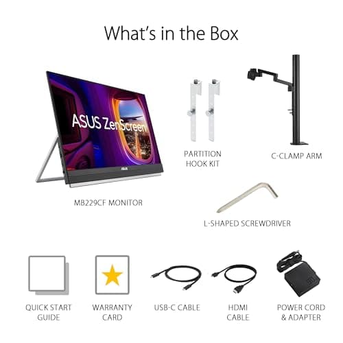 ASUS ZenScreen 22” (21.5 viewable) 1080P Portable Monitor (MB229CF) – Full HD, IPS, 100Hz, USB-C PD 60W, Speakers, Carrying Handle, Kickstand, C-clamp Arm, Partition Hook, Subwoofer, 3 yr Warranty 7
