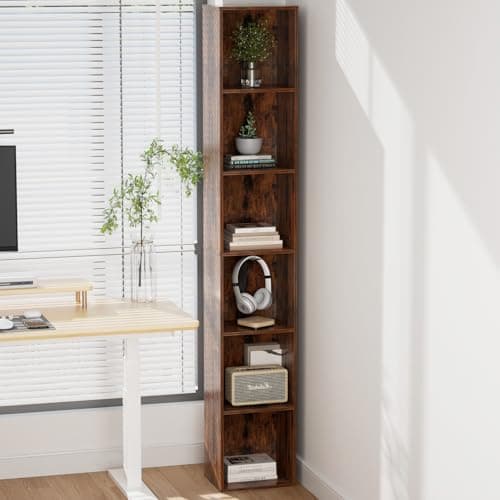 QieerHior Tall Narrow Bookshelf 6-Tier Bookcase,70.5" Skinny Thin Corner Shelf Slim Storage Cabinet,Wood DVD CD Media Cube Organizer Tower Rack for Small Spaces, Bedroom, Living Room, Office,Brown