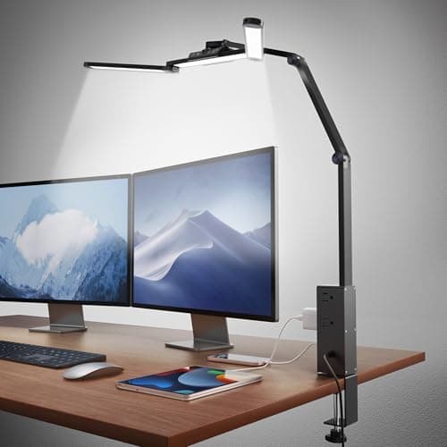 SUPERDANNY LED Desk Lamp with Power Strip (6 Outlets, 1 USB, 1 Type-C) for Home Office, 360° Swivel Architect Swing Arm Desk Clamp Lamp 3-Fold Desk Light Smooth Dimming 5 Colors Touch & Wave Control