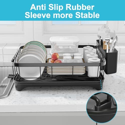 HOMEBOSILY Dish Drying Rack with Drainboard - Space Saving Single Layer Drying Rack,Large Capacity Kitchen Organizer with Utensil Holder & Cutlery Tray, Countertop Dish Drainer Black 8