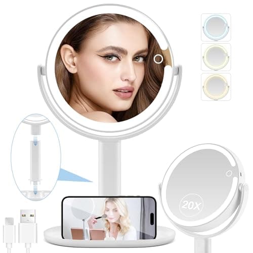 Lighted Makeup Mirror, 20X Magnifying Mirror with Light and Adjustable Brightness, Vanity Mirror with 3 Color Light, 2-Sided Mirror for Desk, Detachable Travel Makeup Mirror with Light 8.8 Inches