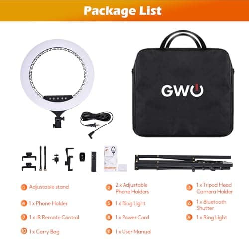 GWO 18 inch LED Ring Light with Tripod Stand 6000K Dimmable Makeup Selfie Light with Touch Panel Phone Holders for YouTube Vlog Video Shooting Include Carrying Bag and Remote Control CRI>90 7