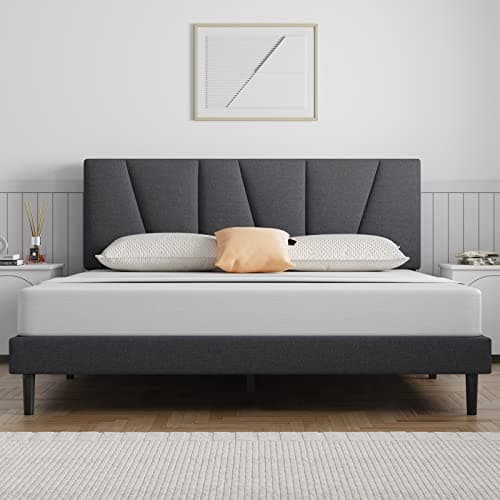 Molblly Queen Bed Frame Upholstered Platform with Headboard and Strong Wooden Slats, Strong Weight Capacity, Non-Slip and Noiseless,No Box Spring Needed, Easy Assembly,Dark Grey