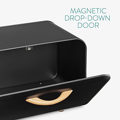 Navaris Bread Box - Metal Bread Bin Storage Tin with Front Opening Drop Down Door for Kitchen Counter or Shelf - Breadbox Storage Container - Black 6