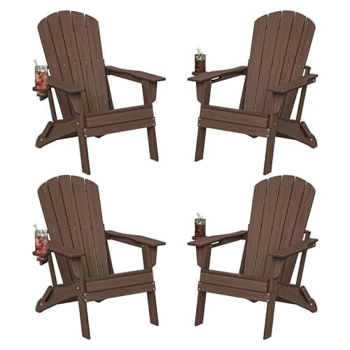 Plawdlik Folding Adirondack Chair Set of 4, Cup Holder，Wooden Textured ，Heavy All-Weather HDPE Comfortable Set Poolside Backyard Lawn Coffee
