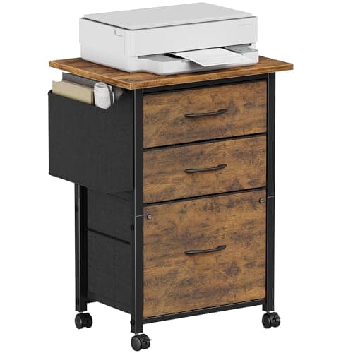 GYIIYUO 3 Fabric Drawer File Cabinet with 18'' Extended Board, Mobile Filing Cabinet Fits A4/Letter Size Files, Rolling Printer Stand with Storage Bag, File Cabinet Home Office, Rustic Brown