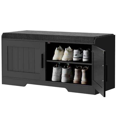 Homleke 2-Tier Storage Bench, Shoe Bench with Thickened Padded Seat Cushion, Entryway Bench with 2 Doors, Adjustable Shelf, 13.8" D x 37.4" W x 18.5" H, for Entryway, Living Room, Bedroom, Black 9