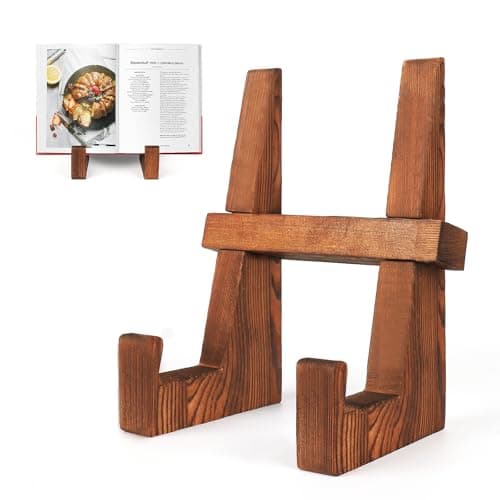 DEBETOOL Cookbook Stand for Kitchen - 8.8 inch Wooden Cookbook Holder for Kitchen Counter Decor, Multifunctional Recipe Book Stand, Rustic Brown Recipe Book Holder Stand