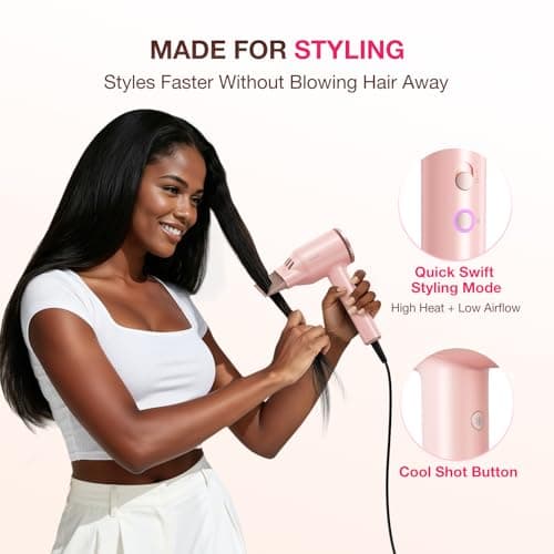 High-Speed Hair Dryer 1875W Ionic & Plasma, Blow Dryer with Diffuser & Comb Nozzle for Curly or Thick Hair, Compact 110000 RPM Fast Drying Lightweight Hair Dryer for Women with Concentrator, Pink 5