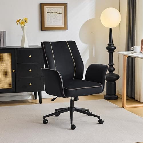 VINGLI Bloom Chair,Comfy Home Office Desk Chair with Wheels & Padded Armrests,Aesthetic Vanity Chair with Back,Height Adjustable Swivel Rolling for Makeup, Computer Task,Study,Bedroom,Velvet,Black