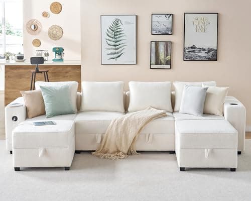 VanAcc 114 Inch Sectional Sofa, 6 Seats Modular With Storage, Oversized U Shaped With 2 Charging Sockets & Cup Holders, Ottomans, 6 Pieces Set Boucle Beige 7