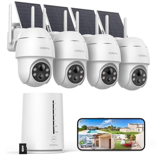 COOAU 4MP Cameras for Home Security, Solar Security Camera Wireless Outdoor System,4 Cam-Kit,360° Pan & Tilt,Color Night Vision,Motion Detection,No Monthly Fee,Siren Alarm,IP66,64GB Memory Card